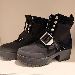 Women's Black Platform Lace-Up Ankle Boots with Buckle
